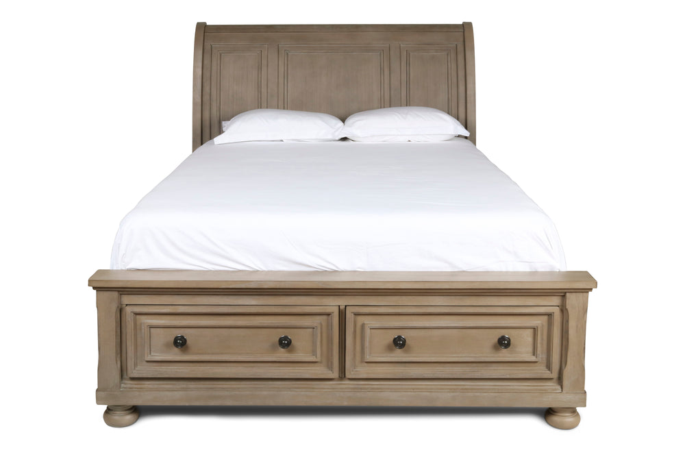The Allegra Storage Sleigh Bed in a sophisticated pale pewter finish is a perfect blend of durability, style, and functionality. Expertly crafted from solid Mindi wood, engineered woods, and wood veneers, this bed offers exceptional durability and showcas