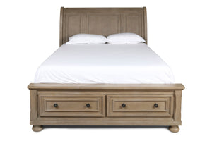 The Allegra Storage Sleigh Bed in a sophisticated pale pewter finish is a perfect blend of durability, style, and functionality. Expertly crafted from solid Mindi wood, engineered woods, and wood veneers, this bed offers exceptional durability and showcas