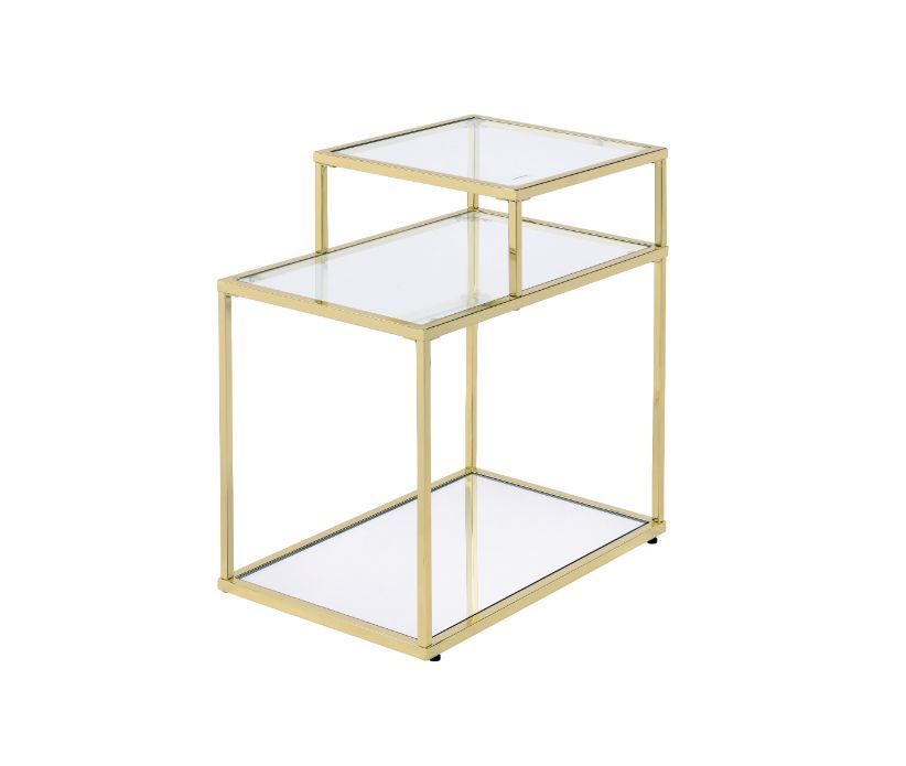 Modern simplicity makes your space feel uncluttered and stylish. The Uchenna Side Table has a brilliant color and lustrous finish to enhance it-'s sleek modern silhouette. Metal table frame in a gold finish exudes lustrous shine, topped with tempered glas
