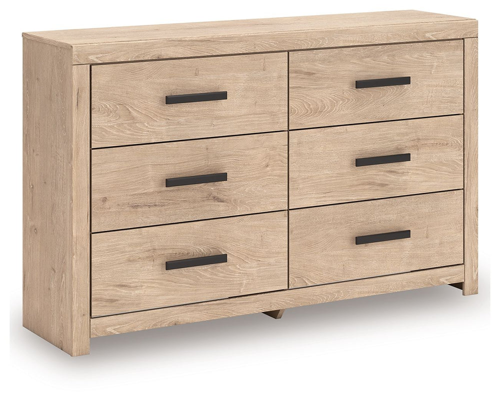 This dresser brings a touch of modern farmhouse charm to your home. Its light oak finish and clean lines have a fresh, airy feel, effortlessly creating an inviting atmosphere for a restful nightâ€™s sleep. Six spacious drawers with large black handles pro