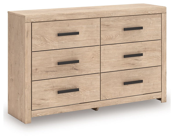 This dresser brings a touch of modern farmhouse charm to your home. Its light oak finish and clean lines have a fresh, airy feel, effortlessly creating an inviting atmosphere for a restful nightâ€™s sleep. Six spacious drawers with large black handles pro