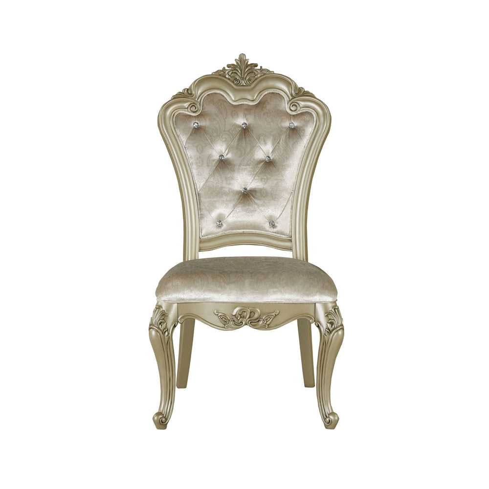 The Monique Side Chairs in Champagne offer a perfect blend of heirloom quality and timeless elegance. This set includes two exquisitely crafted side chairs, each constructed with poplar solids and birch veneers for lasting durability. Reflecting the opule