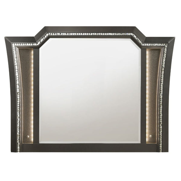 The Kaitlyn mirror provides a commanding presence in any room. Crafted with a transitional look that is an ideal addition to any bedroom, the mirror is accented with LED light and a crystal-like sparkling trim. Its crystal-like trimming creates dazzling g