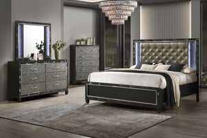 Discover the Radiance Queen 4 Piece Bedroom Set in Black Pearl, meticulously crafted to offer unparalleled stability and durability from a combination of Solid Rubberwood and manufactured woods. Its semi-gloss lacquer black pearl finish lends a silky, mod