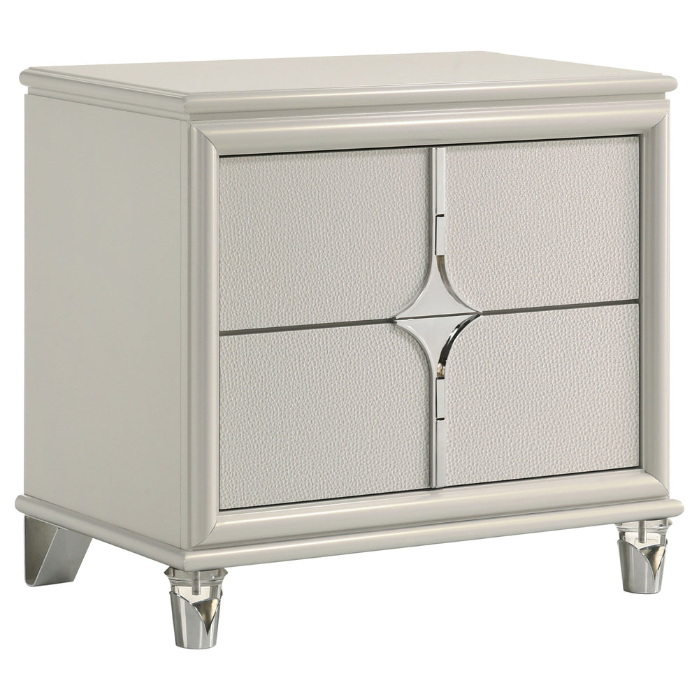 Elevate your nighttime routine with this stylish 2-drawer nightstand, a perfect blend of form and function. The pearl white finish and diamond star design on the drawer front offer a touch of glamour, while the chrome metal pulls add a sleek contrast. Fea
