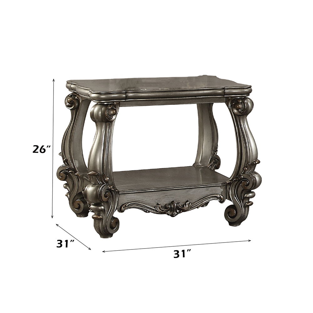 KD, Square End Table â€¢ Open Compartment: Bottom Shelf â€¢ Wooden Top â€¢ Oversized Scrolled Legs & Shelf Apron: Poly Resin with Antique Contrast Finish<br/><br/><b>Product Features</b><ul><li>Case: 1Pc/1Ctn</li><li>Finish: Antique Platinum</li><li>Style