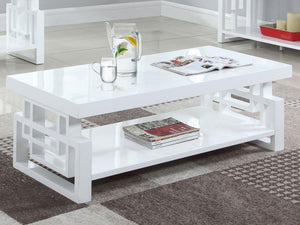  it boasts a pristine white high-gloss finish that reflects light beautifully. The open shelf below offers practical storage