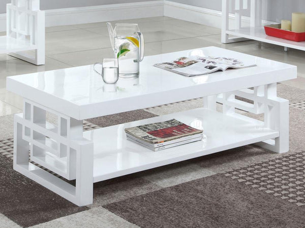  it boasts a pristine white high-gloss finish that reflects light beautifully. The open shelf below offers practical storage