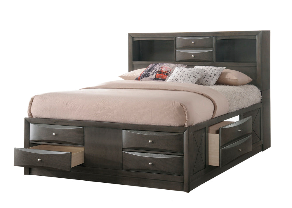 Experience timeless elegance with this sophisticated bedroom suite, exuding a rich gray finish that enhances its robust and stately form. At the heart of the ensemble is a captain-'s bed graced with an innovatively designed headboard, boasting integrated 