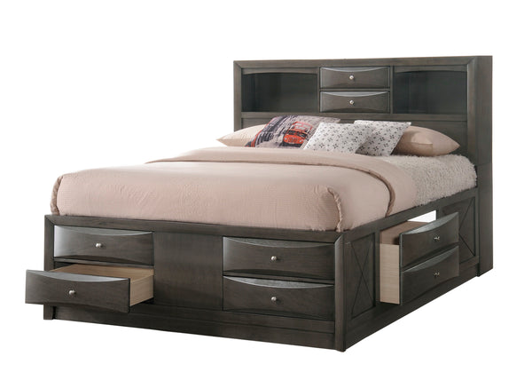  exuding a rich gray finish that enhances its robust and stately form. At the heart of the ensemble is a captain-'s bed graced with an innovatively designed headboard