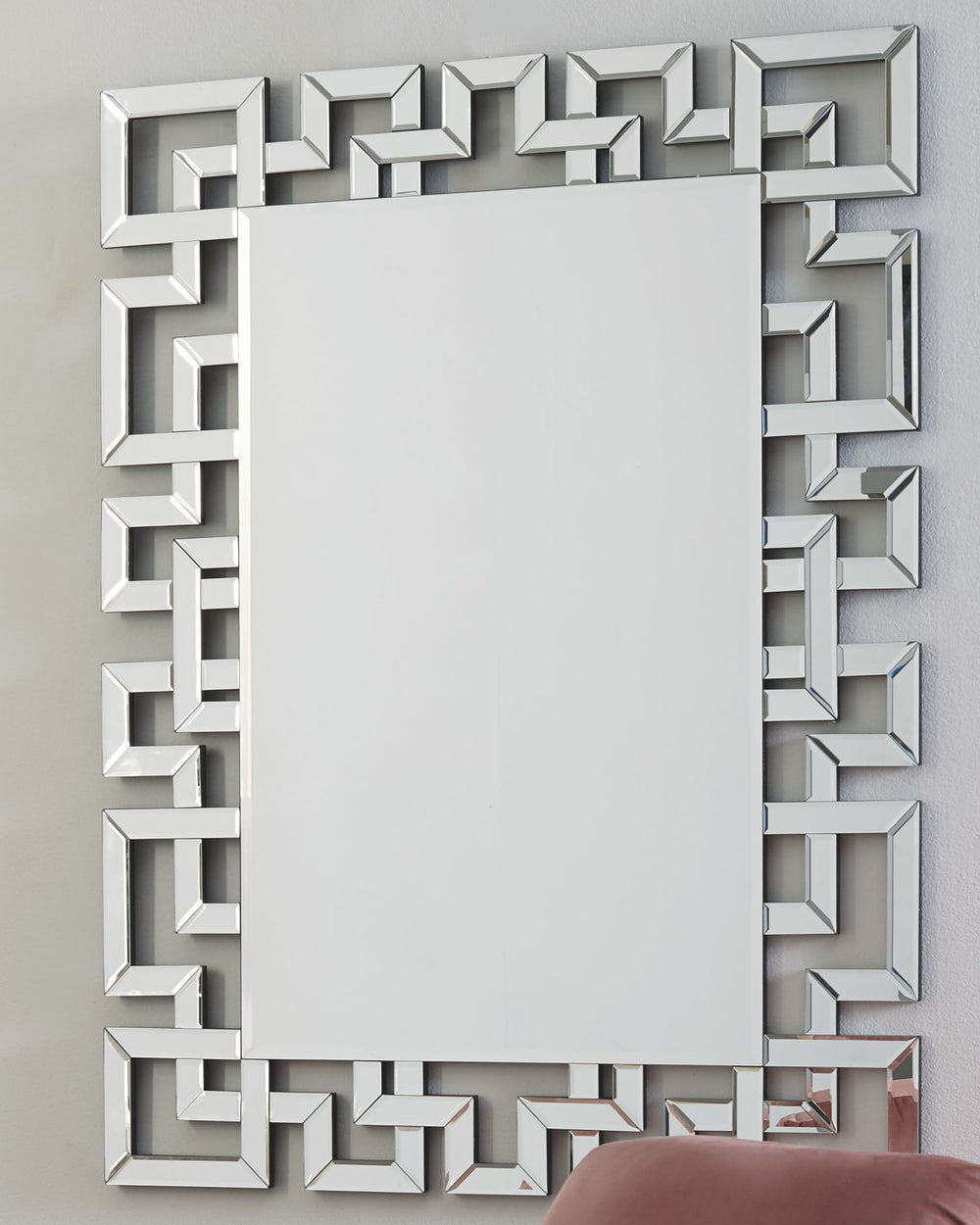 Wowing with a linear Greek key frame, this wall mirror is a beautiful reflection of your style. Whether hung vertically or horizontally, this alluring mirror is on the cutting edge of cool.<br><br><b>Additional Dimensions</b><br><ul><li>Inner mirror: 0-"<