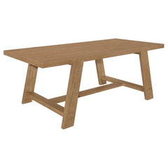 Elevate your dining room with the captivating blend of modern farmhouse style in this stunning dining table. The brown wire-brushed finish highlights the natural beauty of the wood, adding warmth and character. The open, airy U-shaped legs and wide trestl