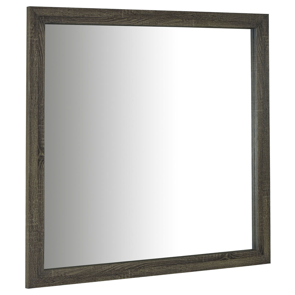 Enhance a stylish bedroom with the addition of a transitional dresser mirror. The framed design adds lightness and reflectivity, perfect for grooming rituals or selecting jewelry for the day ahead. It features a simple, clean-lined frame with a brown oak 