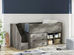 This twin loft bed is made of engineered wood (MDF/particleboard/plywood) and decorative laminate. Pairs with other items in the series to make a bed kit.<br/><br/><b>Product Features</b><ul><li>Compatible with other B4480 items, sold separately</li></ul>