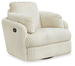 Like a warm hug, this recliner envelops you in comfort with its barrel shape and soft cord upholstery. It reclines, glides, and swivels to cater to your every need. This chair also features posh bolster pillows and cleverly designed storage. Unwind and cu