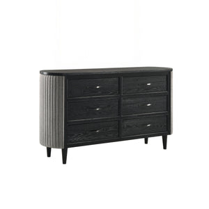 The Skyline 6-Drawer Dresser in Onyx blends modern design with functionality, making it a statement piece. Built from solid Rubberwood, engineered woods, and Ash veneers, itâ€™s sleek and durable. The Onyx Black finish with gray glazing enhances the wood 