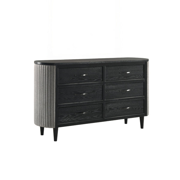 The Skyline 6-Drawer Dresser in Onyx blends modern design with functionality, making it a statement piece. Built from solid Rubberwood, engineered woods, and Ash veneers, itâ€™s sleek and durable. The Onyx Black finish with gray glazing enhances the wood 