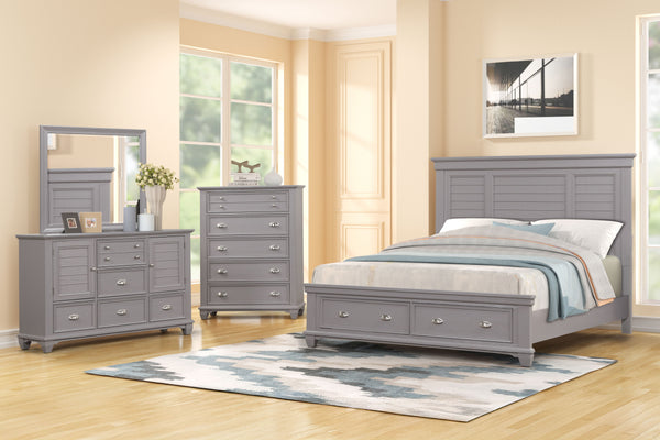 The Jamestown 4-Piece Wood Bedroom Set in Gray is the epitome of style, durability, and functionality, making it a perfect choice for transforming your bedroom into a serene retreat. This set includes a Panel Bed with a storage footboard, Dresser, Mirror,