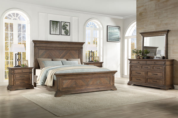 Discover the Mar Vista 5 Piece Bedroom Collection, a testament to timeless design and fine craftsmanship. This set includes a robust panel bed, a spacious 9-drawer dresser complemented by a mirror, and two versatile 2-drawer nightstands. Each piece is met