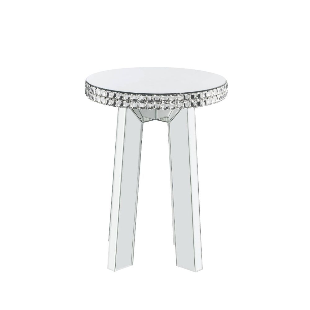 This mirrored and faux crystals Lotus occasional table is an alluring focal piece. Masterfully crafted with a wooden frame and beveled mirrored finish for durable construction. The mirrored splayed legs help give your space an open feeling. The faux cryst