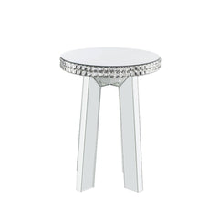 This mirrored and faux crystals Lotus occasional table is an alluring focal piece. Masterfully crafted with a wooden frame and beveled mirrored finish for durable construction. The mirrored splayed legs help give your space an open feeling. The faux cryst