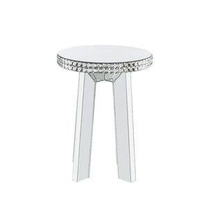 This mirrored and faux crystals Lotus occasional table is an alluring focal piece. Masterfully crafted with a wooden frame and beveled mirrored finish for durable construction. The mirrored splayed legs help give your space an open feeling. The faux cryst