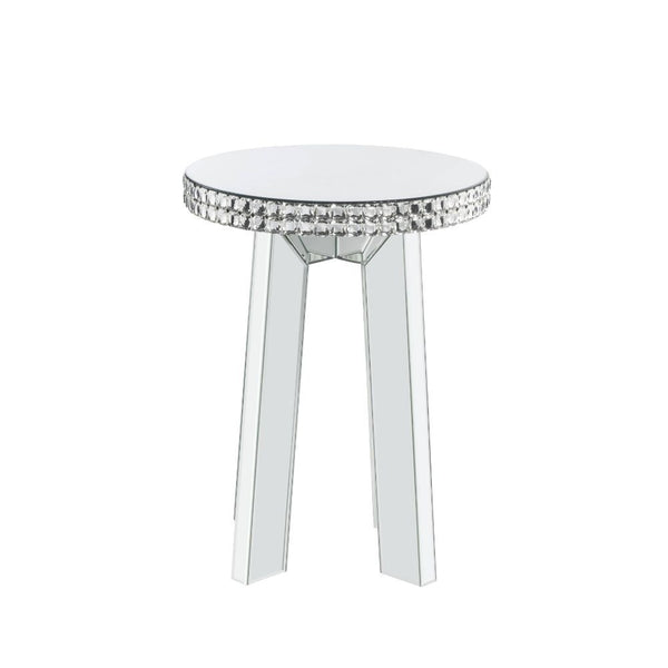This mirrored and faux crystals Lotus occasional table is an alluring focal piece. Masterfully crafted with a wooden frame and beveled mirrored finish for durable construction. The mirrored splayed legs help give your space an open feeling. The faux cryst