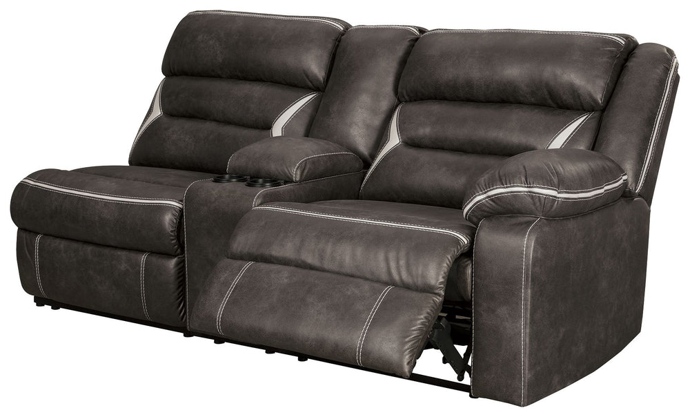 This right-arm facing power reclining sofa with console is made with polyester/polyurethane upholstery. Pairs with other items in the series to make a sectional.<br><br><b>Additional Dimensions</b><br><ul><li>Arm height: 26.5-"</li><li>Distance between re