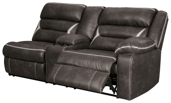 This right-arm facing power reclining sofa with console is made with polyester/polyurethane upholstery. Pairs with other items in the series to make a sectional.<br><br><b>Additional Dimensions</b><br><ul><li>Arm height: 26.5-"</li><li>Distance between re