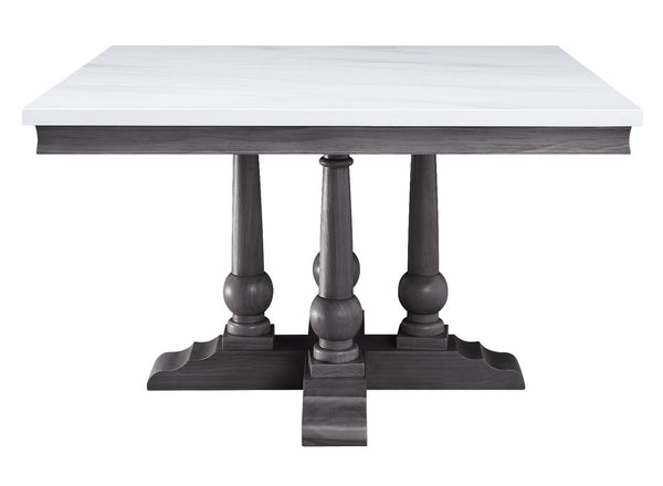  the dining table has a pedestal base which gives its tabletop both sturdy and elegant support. The square tabletop in white artificial marble highlights its clean lines and complements the gray oak finish 