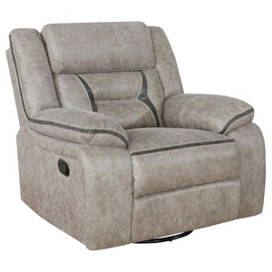 Take this terrific glider recliner and watch it become the favorite seat in your home. Leatherette upholstery adds to its softness and comfort. This glider-'s aesthetics are enhanced with contrasting stitching that offers more stylish appeal. Pocket coil 