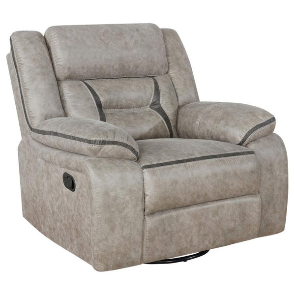Take this terrific glider recliner and watch it become the favorite seat in your home. Leatherette upholstery adds to its softness and comfort. This glider-'s aesthetics are enhanced with contrasting stitching that offers more stylish appeal. Pocket coil 
