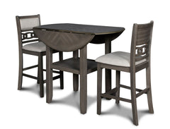 The small space friendly Gia Counter Drop Leaf Table and Chair Set has two 8" drop down leaves that transform this dining table from a 42" round dining set to 24" wide, fitting into compact spaces with ease. The counter table and chair legs are crafted of