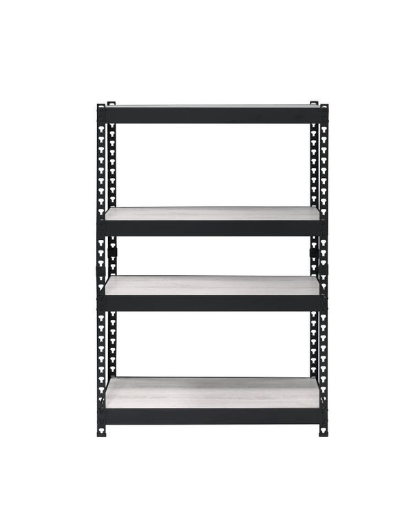  clear and strong accessories. The Decmus Bookshelf has a black metal frame with simple hollow out carved patterns for a modern industrial look. It is outfitted with adjustable shelves that allow more flexible use o