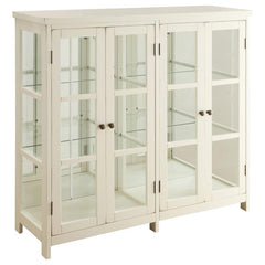 Brighten up any space with this elegant white accent cabinet, perfect for showcasing collectibles and dÃ©cor. Featuring four framed glass doors, glass side panels, and interior glass shelving, it offers a light and airy look that highlights whatever you s