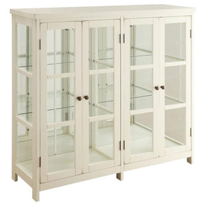 Brighten up any space with this elegant white accent cabinet, perfect for showcasing collectibles and dÃ©cor. Featuring four framed glass doors, glass side panels, and interior glass shelving, it offers a light and airy look that highlights whatever you s