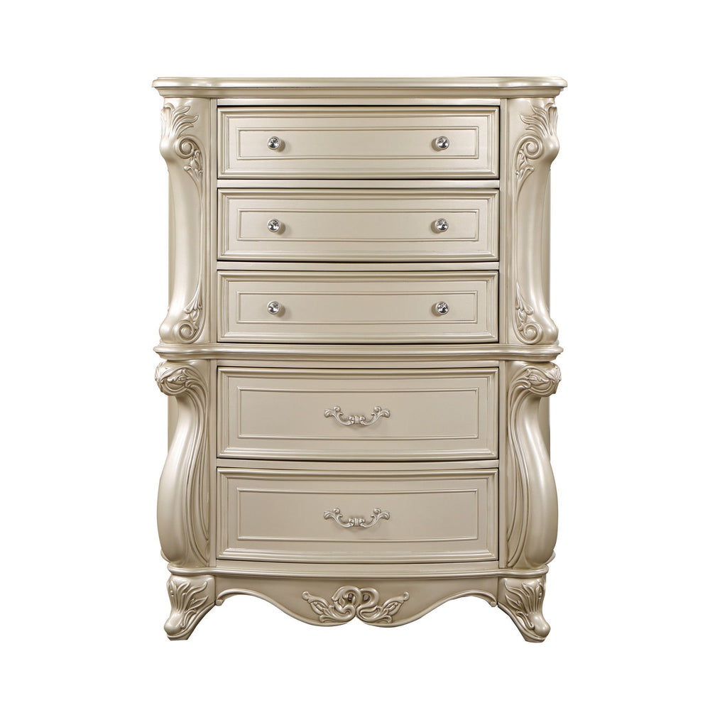 The Monique 5 Drawer Chest in Champagne combines heirloom quality construction with French Provincial elegance. Crafted from poplar solids and birch veneers, this chest offers enduring strength and durability. Its design reflects the charm of French count
