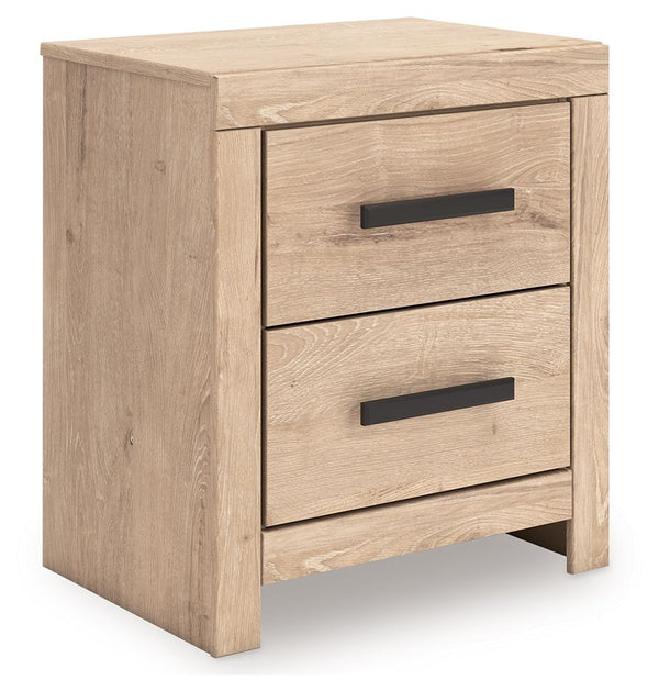 This nightstand brings a touch of modern farmhouse charm to your home. Its light oak finish and clean lines have a fresh, airy feel, effortlessly creating an inviting atmosphere for a restful nightâ€™s sleep. Spacious drawers with large black handles prov