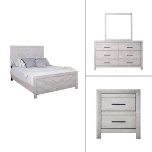 Introducing the Biscayne 4 Piece Bedroom Set, a comprehensive ensemble featuring a stylish bed, 6-drawer dresser, mirror, and 2-drawer nightstand. Crafted with durable manufactured wood and finished with Eco-Friendly laminated surfaces, this set promises 