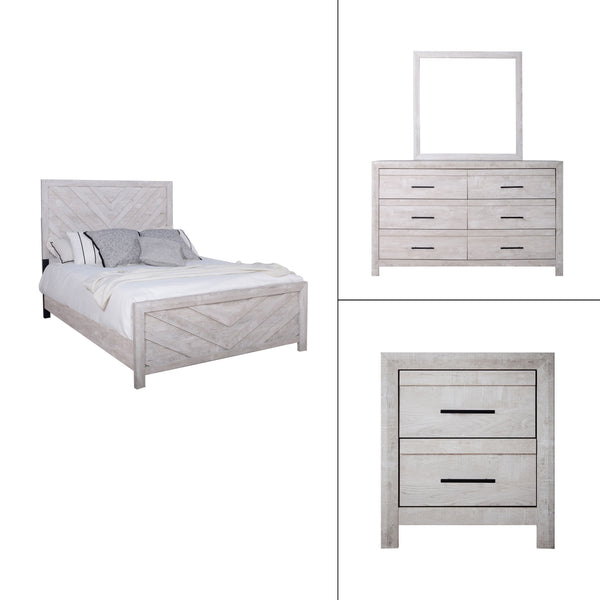 Introducing the Biscayne 4 Piece Bedroom Set, a comprehensive ensemble featuring a stylish bed, 6-drawer dresser, mirror, and 2-drawer nightstand. Crafted with durable manufactured wood and finished with Eco-Friendly laminated surfaces, this set promises 