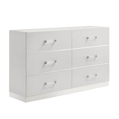 The Europa 6 Drawer Dresser in white combines modern elegance with practical functionality. This dresser features a sleek, sophisticated look achieved with a gleaming white finish, mylar accents, and acrylic drawer pulls. Quality craftsmanship is evident 