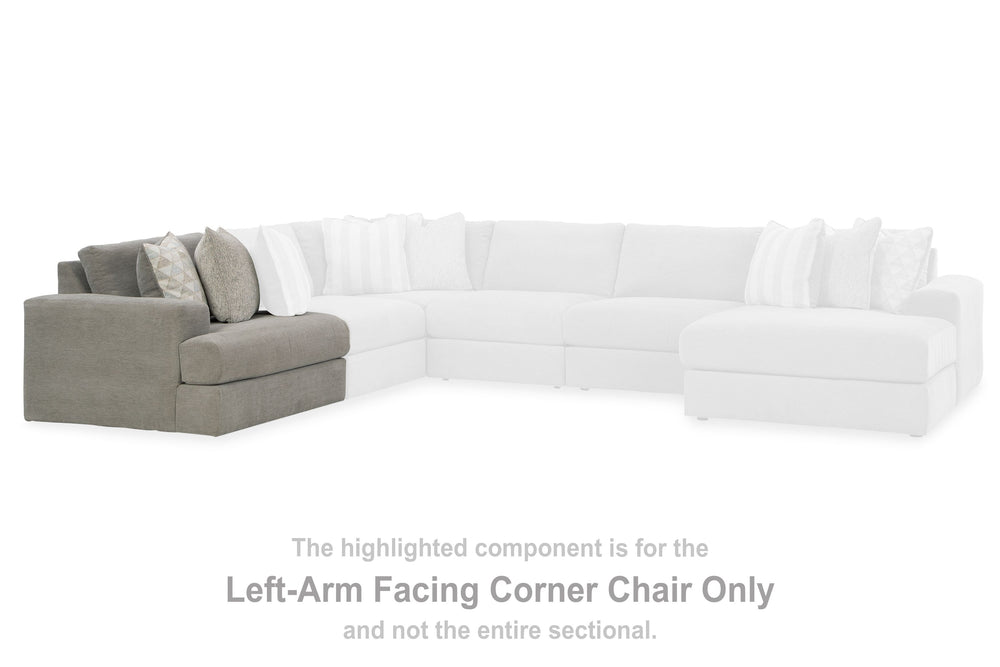 This left-arm facing corner chair is made with polyester chenille and polyester upholstery. Fully finished on all sides, it pairs with other items in the series to make a modular sectional.<br><br><b>Additional Dimensions</b><br><ul><li>Arm height: 25-"</