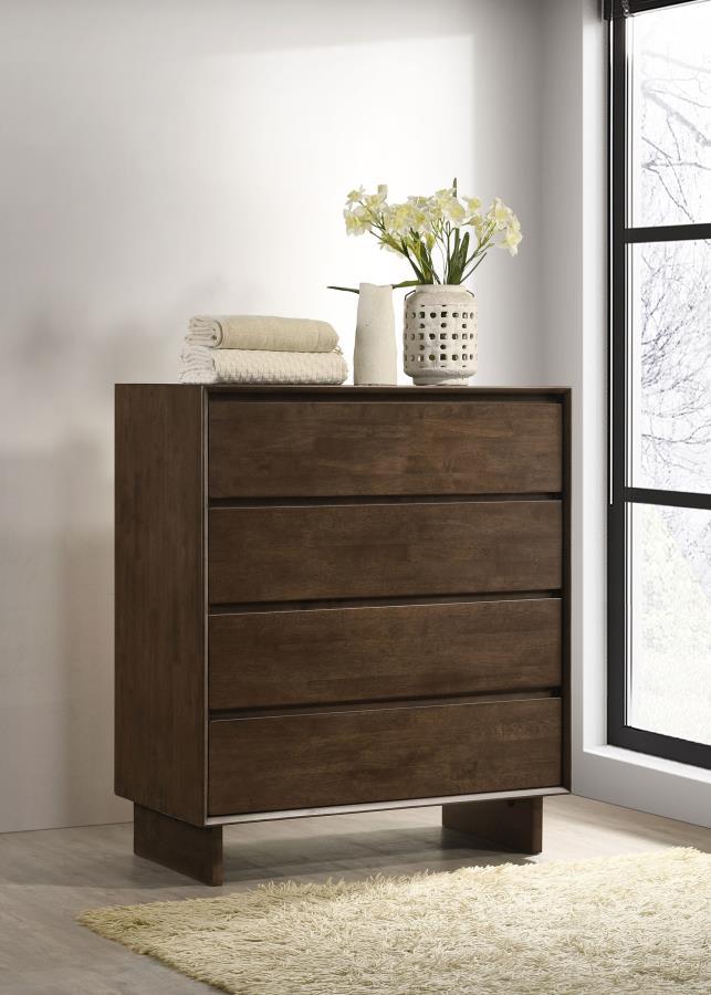 A compact footprint ensures that this modern four-drawer chest blends into any bedroom ensemble. Delivering handsome storage for clothing and accessories, the chest is complete with a felt lined top drawer that offers protection for delicates. Its four dr