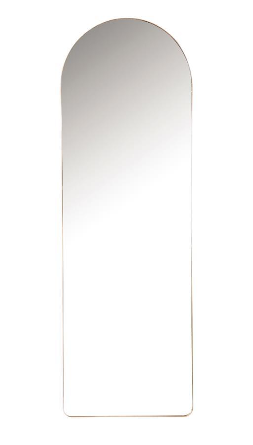 This full-length floor mirror features a striking arched silhouette with a minimalist metal frame. Designed for vertical mounting or floor placement, its slim profile delivers a clean, contemporary look. The expansive glass surface provides a complete hea