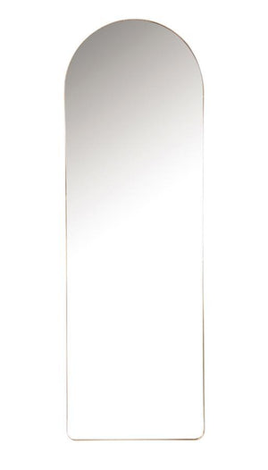 This full-length floor mirror features a striking arched silhouette with a minimalist metal frame. Designed for vertical mounting or floor placement, its slim profile delivers a clean, contemporary look. The expansive glass surface provides a complete hea