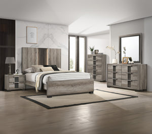 This bedroom set encapsulates modern minimalism, rendered in a soothing, natural wood finish that brings an organic, airy feel to any bedroom. The clean-lined bed boasts a broad headboard that stands as a subtle statement piece with integrated lighting. A