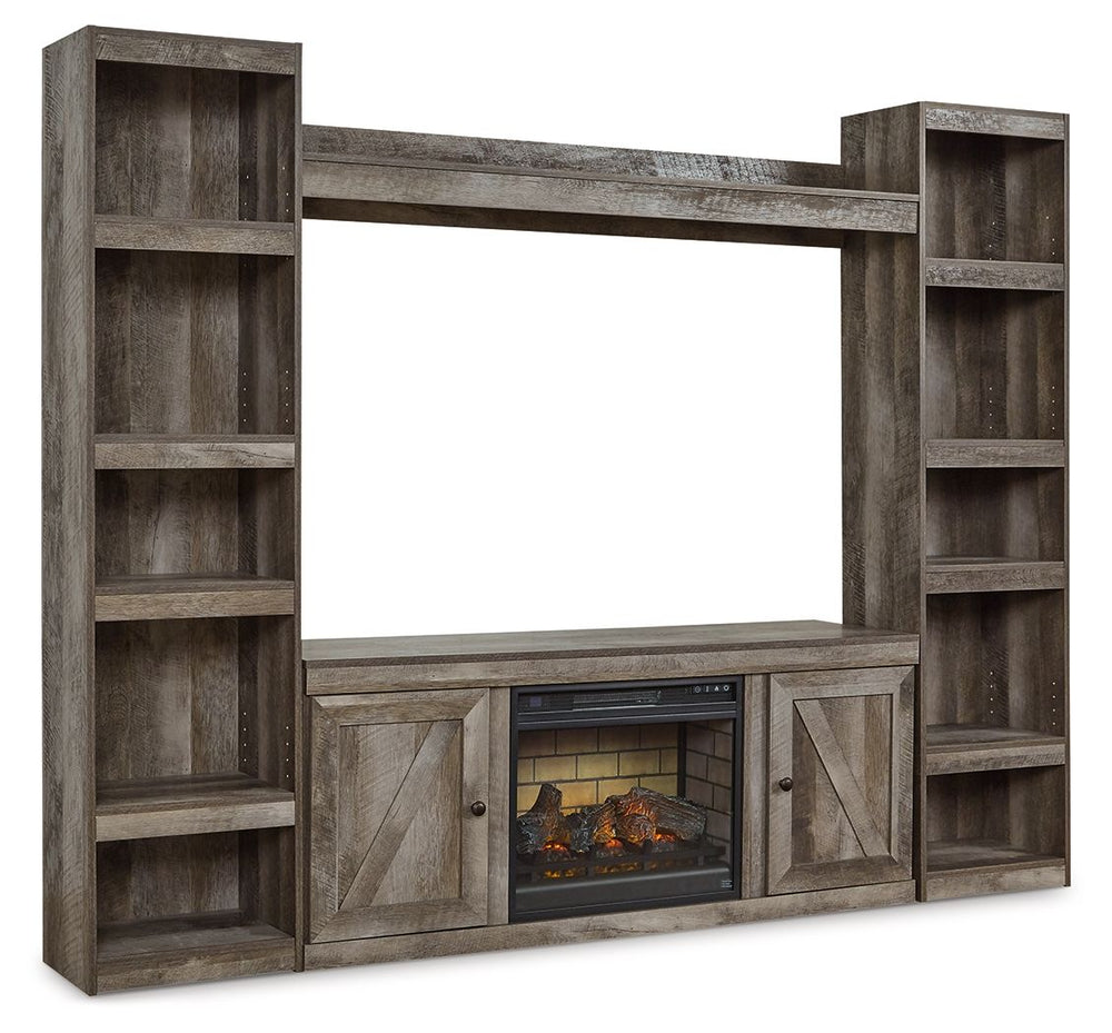 This entertainment center with fireplace insert is sure to win your heart with its daring designer take on country living. Its crisp, clean and minimalist-chic profile is enriched with a gray finish, striking replicated oak grain and thick plank styling f