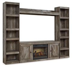 This entertainment center with fireplace insert is sure to win your heart with its daring designer take on country living. Its crisp, clean and minimalist-chic profile is enriched with a gray finish, striking replicated oak grain and thick plank styling f