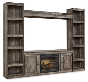 This entertainment center with fireplace insert is sure to win your heart with its daring designer take on country living. Its crisp, clean and minimalist-chic profile is enriched with a gray finish, striking replicated oak grain and thick plank styling f