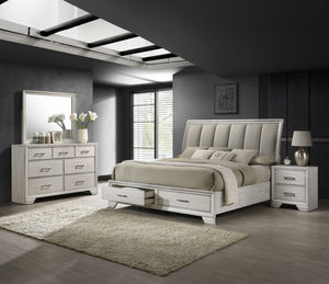 This bedroom set offers a sleek and stylish update to any space, featuring a white mist finish that commands attention while maintaining a sense of warmth and coziness. The bed stands as the stunning centerpiece, with its high, padded headboard upholstere